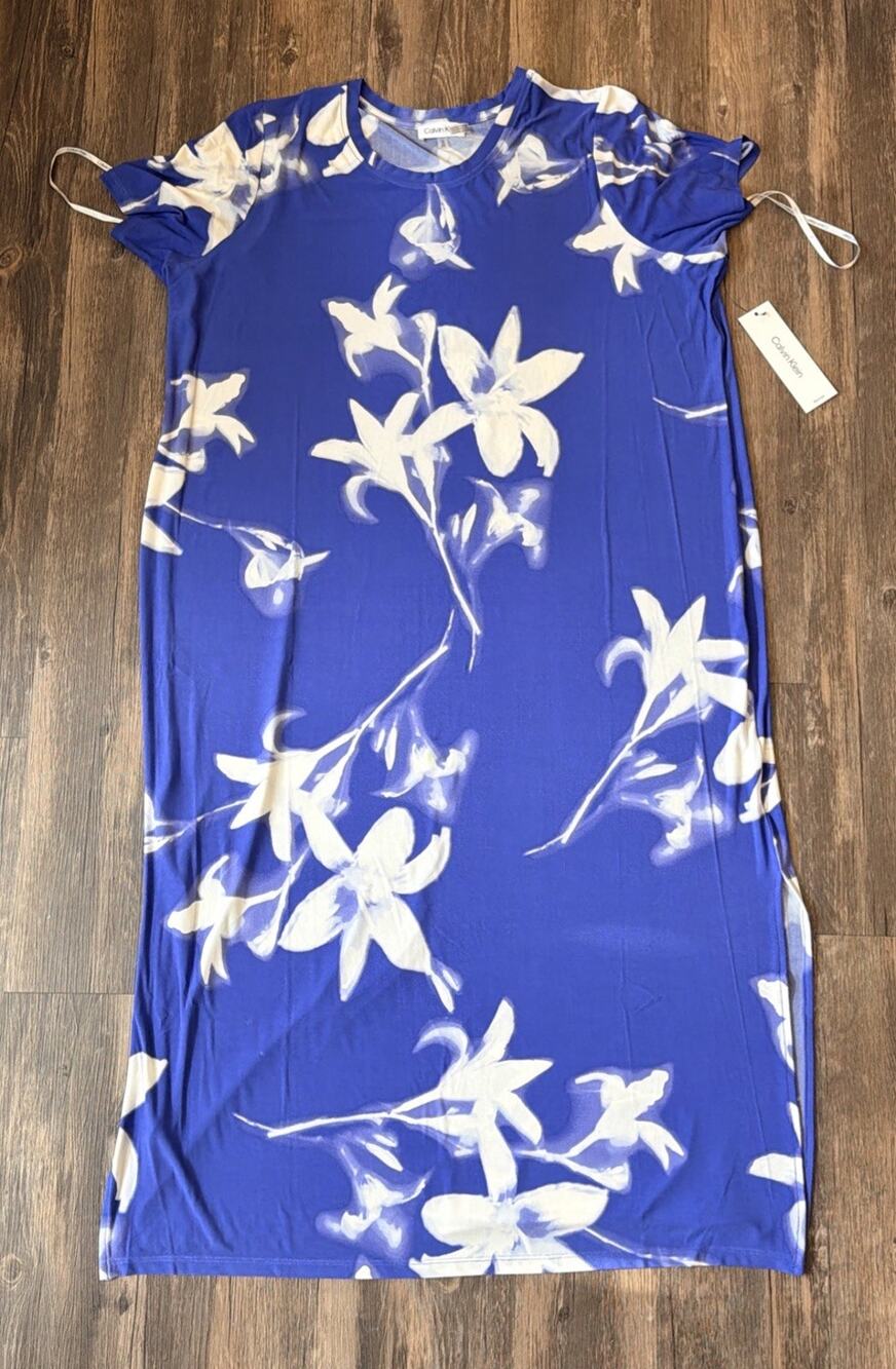 Calvin Klein Women's Size 1X Crewneck Blue & White Floral Knit Dress New - Read